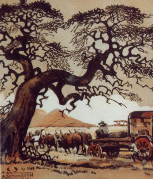 Bild Ochsenwagen unter einem Baum von Uli Aschenborn